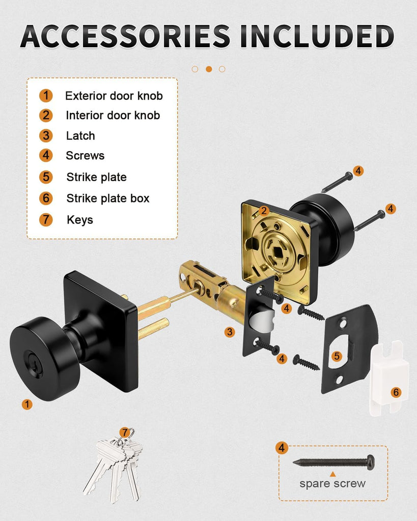Keyed Entry Door Knobs Interior/Exterior 2 Pack, Classic Keyed Bedroom/Bathroom Door Knobs Entrance Lockset