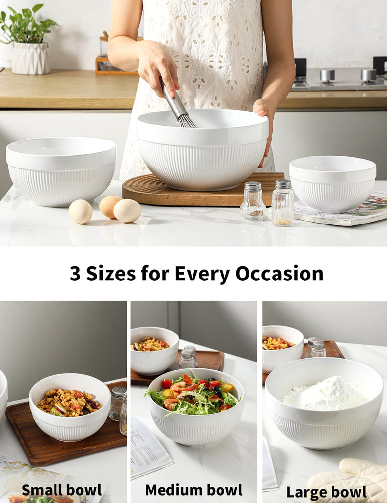 Large Ceramic Mixing Bowls, White Kitchen Bowls (1QT/2.3QT/4.6QT), Set of 3 Nesting Bowls for Baking, Cooking