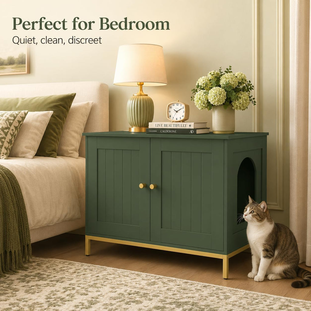 28.3" L Cat Litter Box Enclosure with Metal Frame, Green and Gold