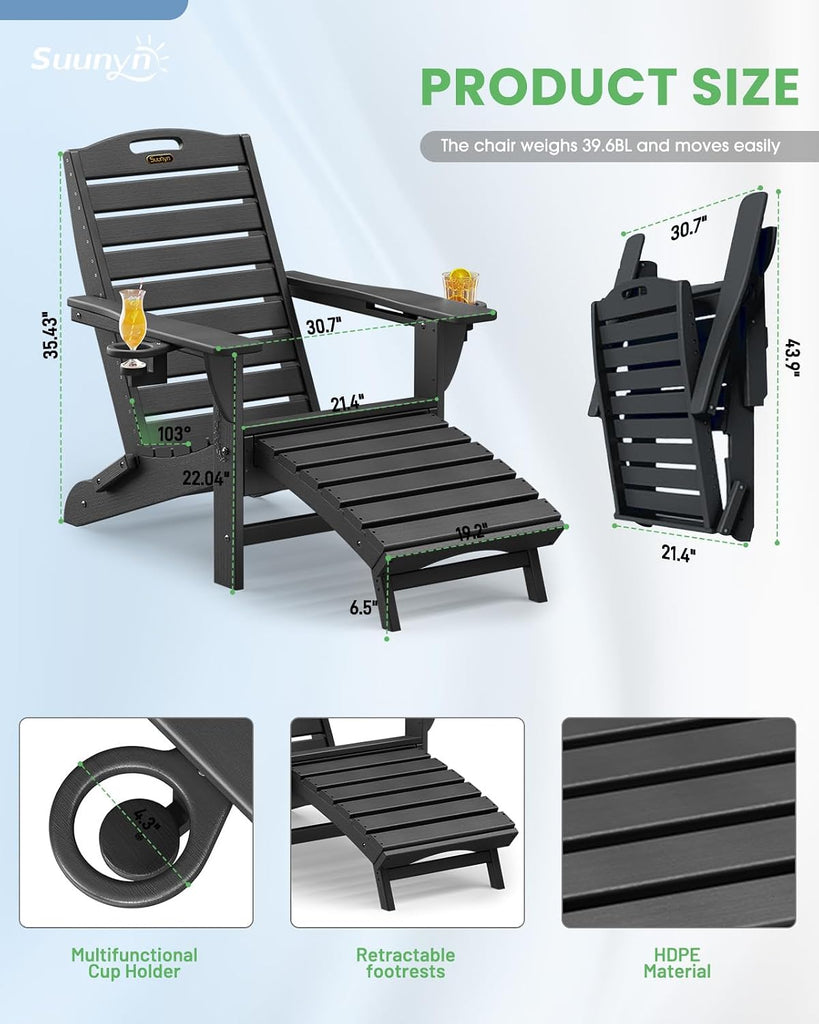 Folding Adirondack Chair with Retractable Ottoman Weather Resistant Fire Pit Chair Patio Chair with 2 Cup Holder Lawn