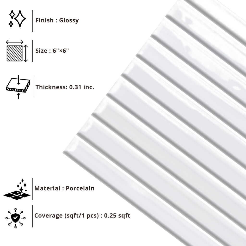 Ice White 6x6 Glossy Porcelain KitKat 3D Ribbed Wall Tile, Modern Nordic Textured Decorative Tile Backsplash