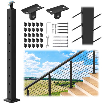 36" Black Cable Railing Post(35"x2"x2") for 25-35 Degrees Stair, Stainless Steel Adjustable Stair Post