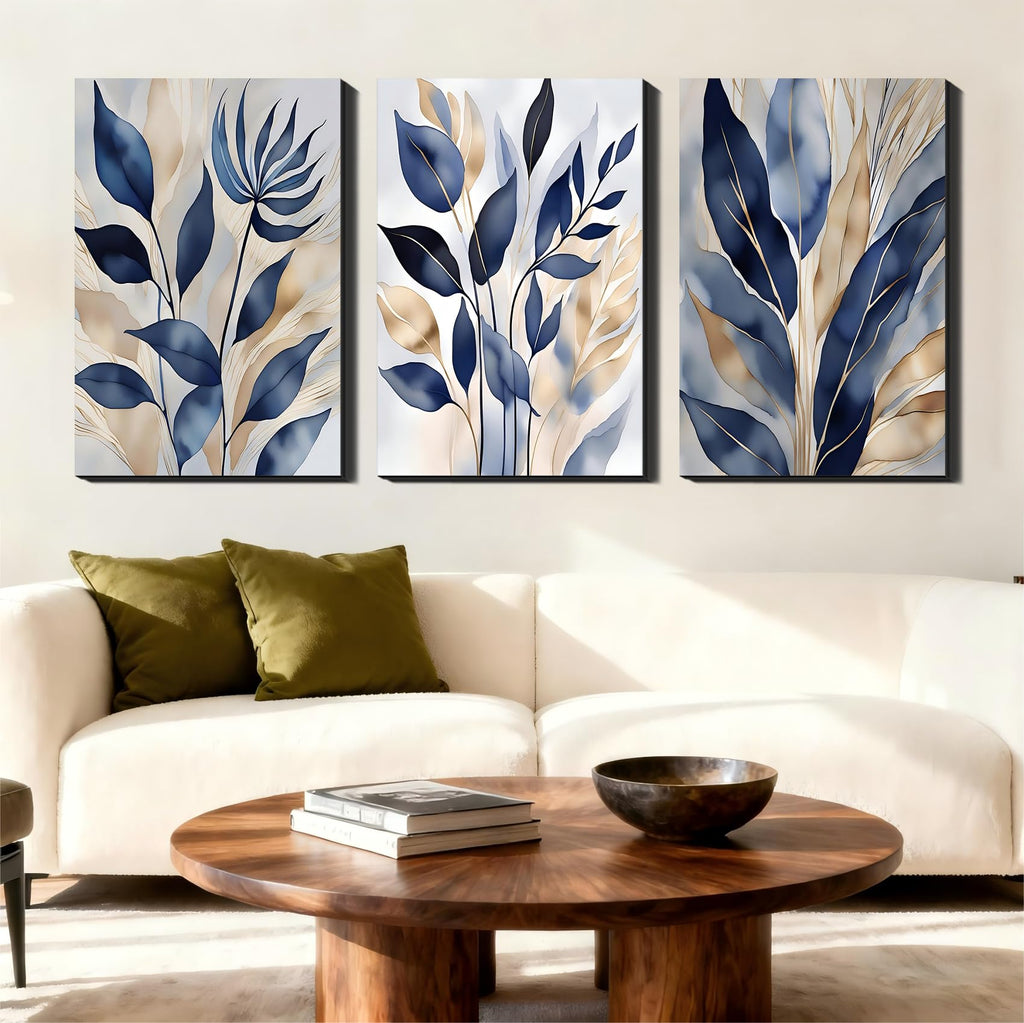 Blue and Gold Botanical Set of 3 Canvas Wall Art, Elegant Leaf Prints Pictures, Large Modern Neutral Paintings