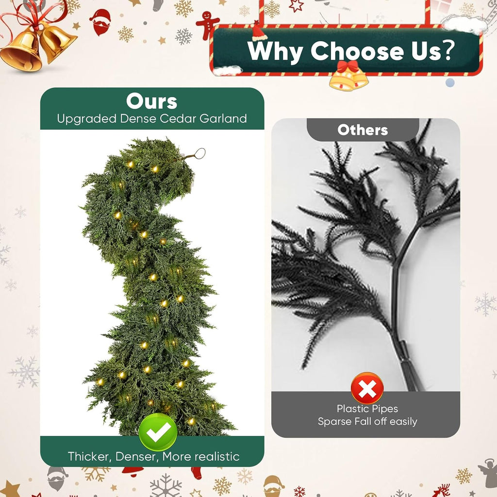 9FT Thick Christmas Cedar Garland with Lights, Layered Faux Greenery Decor