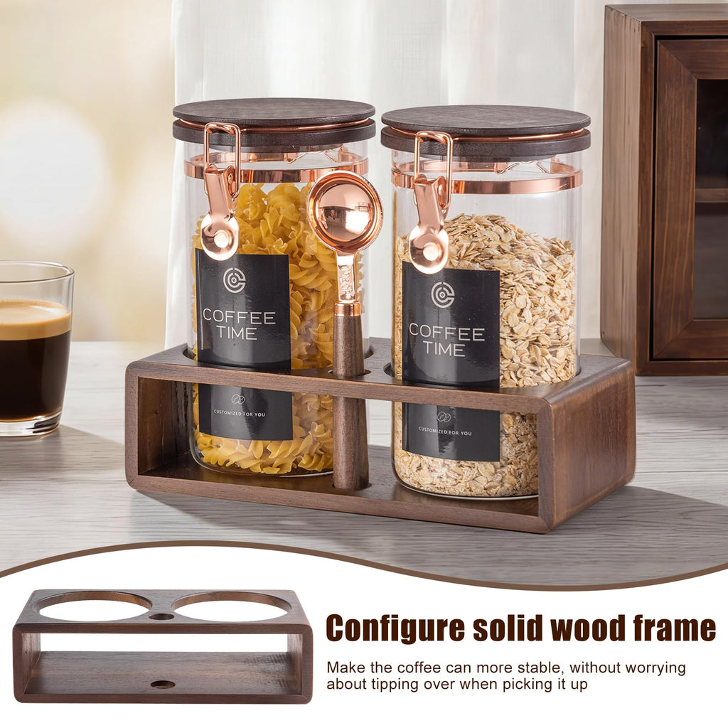 Glass Coffee & Sugar Canister Set, 2×45OZ Airtight Glass Storage Jars with Wooden Shelf and Scoop, Airtight Food