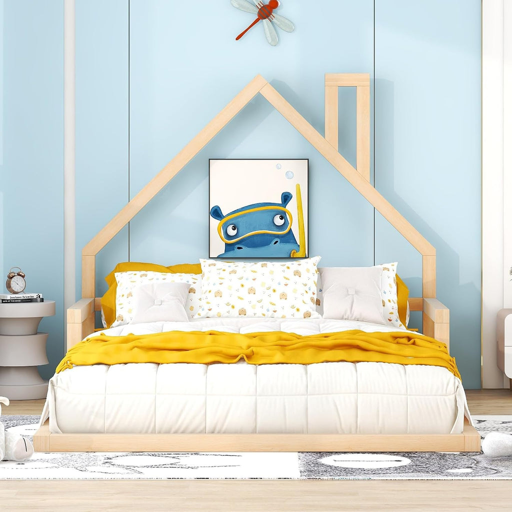 Full Size Wood Floor Bed with House-Shaped Headboard, Wooden Platform Bed Frame, No Box Spring Required