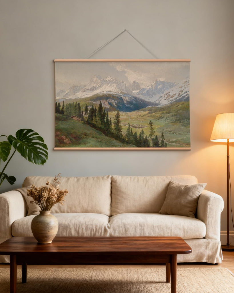 Extra Large Canvas Wall Art, 36x54 Inch Mountain Landscape Oil Painting Style, Vintage Nature Wall Decor, Above Sofa