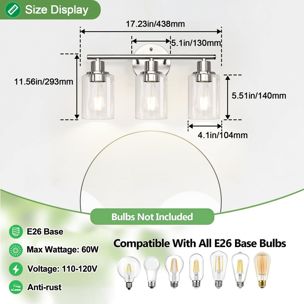 3-Light Bathroom Light Fixtures, Brushed Nickel Vanity Light, Farmhouse Wall Lights with Clear Glass Shade, Bathroom