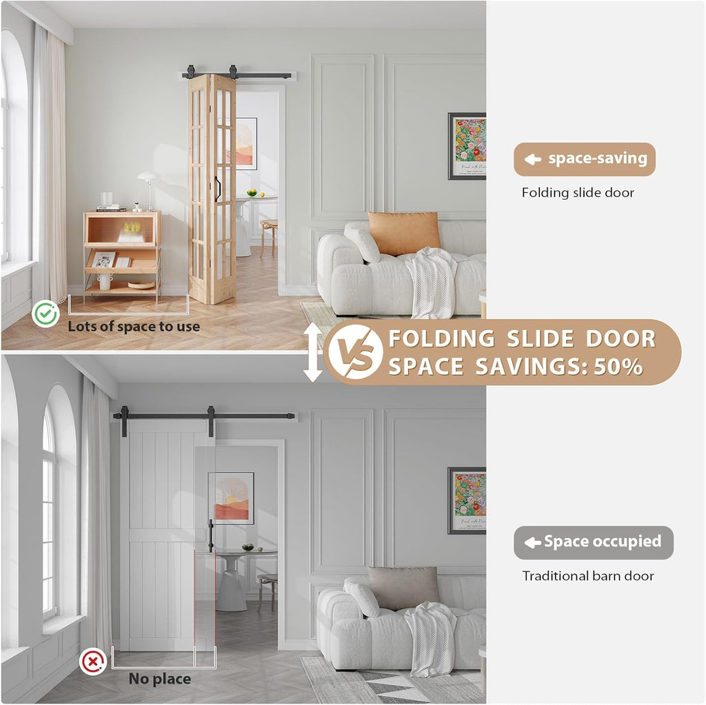 36 x 84 in (Double 18x84 inch) Bifold French Glass Door,Sliding Folding Barn Doors with 3.3FT Hardwa