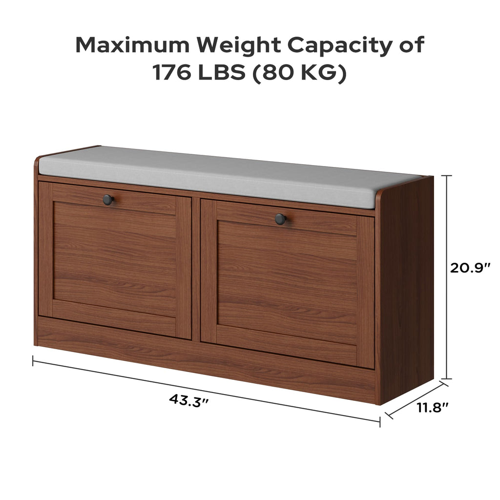 Brown Modern Entryway Bench with 2 Flip Drawers, Entryway Shoe Bench with Padded Seat Cushion, Wooden Storage Bench
