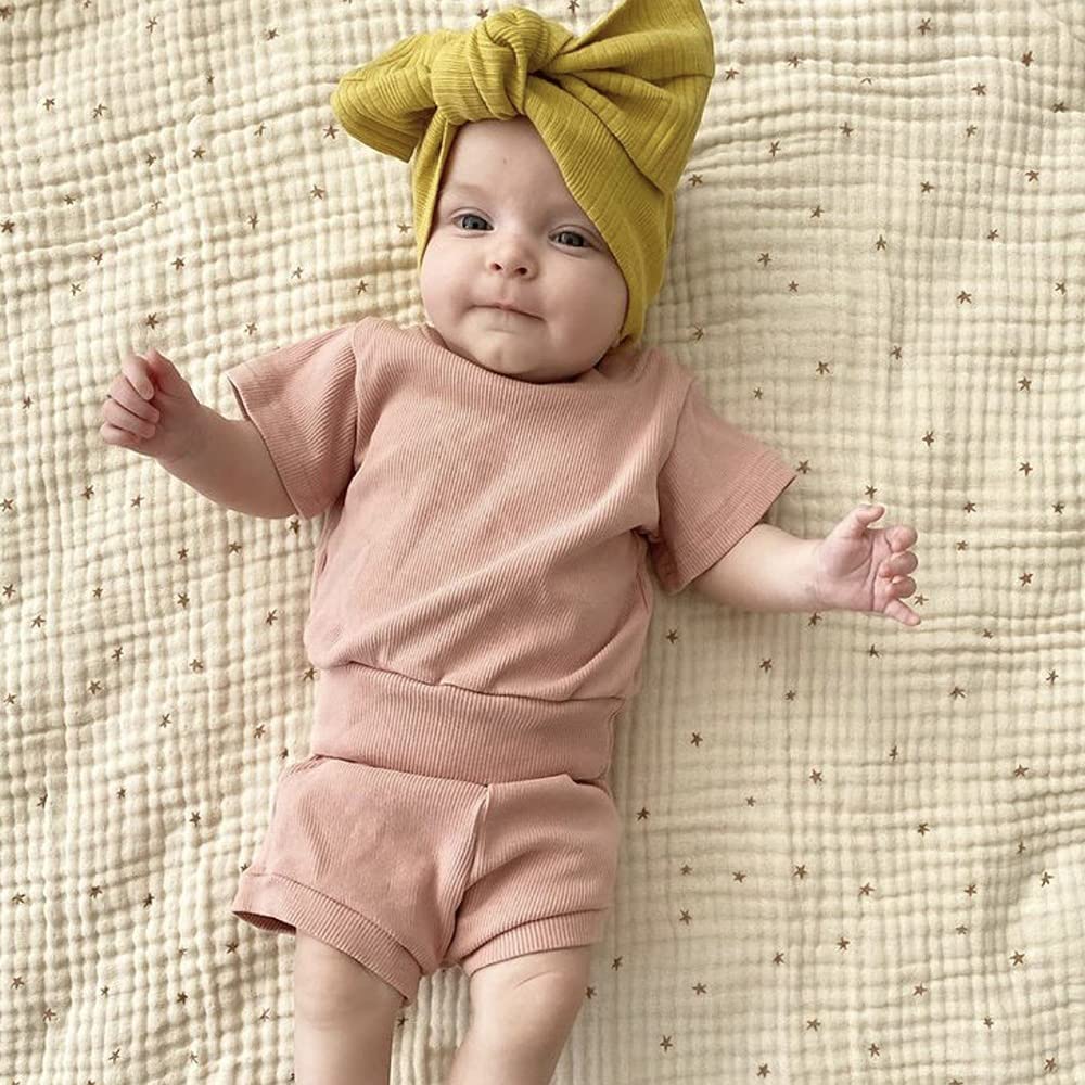 Infant Boys Girls Summer Outfits Toddler Baby Ribbed knitted Short Sleeve Top + Shorts 2PCS Cotton Clothes Set