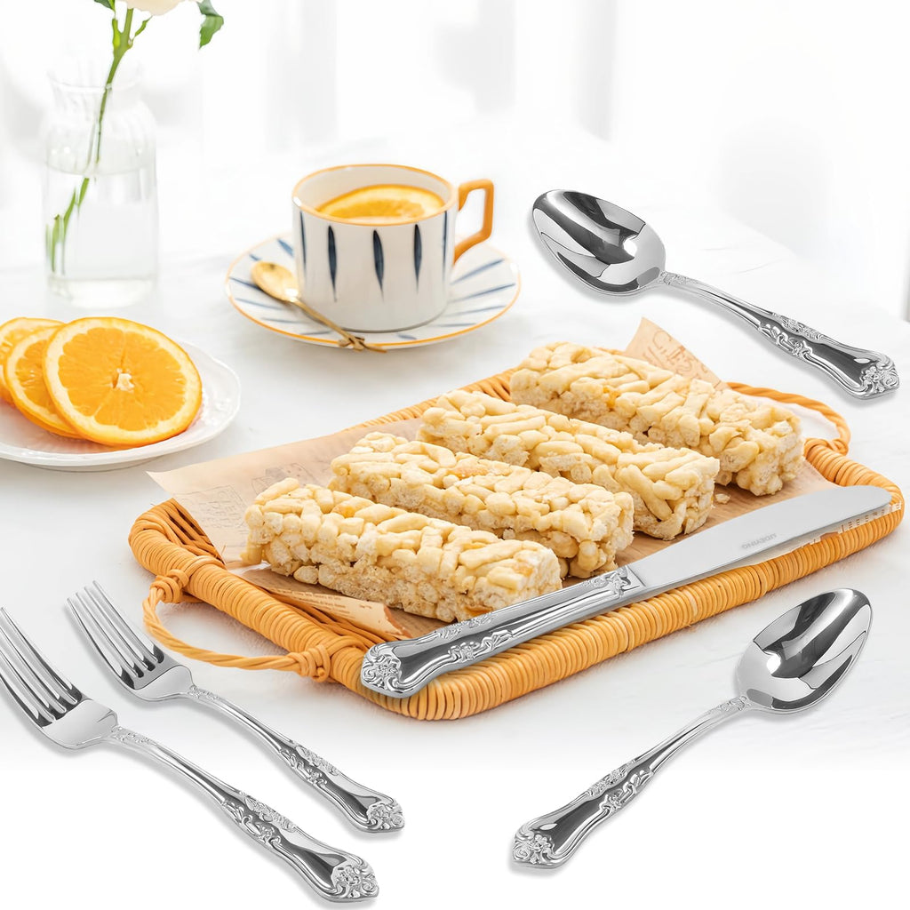 Silverware Set, 20-Piece Stainless Steel Flatware Set with Floral Handles, Included Knife Spoon and Fork, Mirror