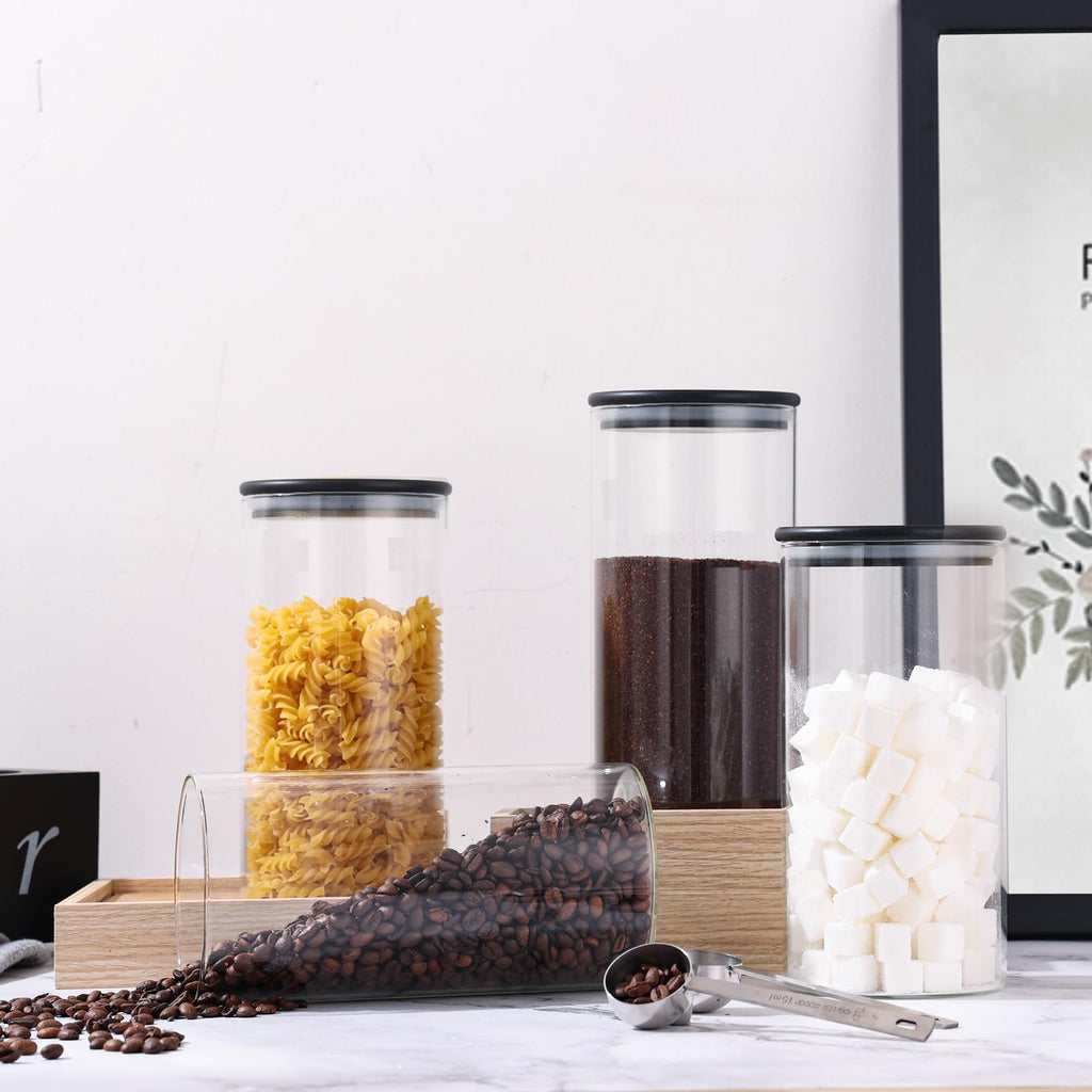 Rustic Modern Black 2PCS Small 44oz Coffee Storage Jars with Shelf, 2Pcs 1.295L Airtight Glass Coffee Containers