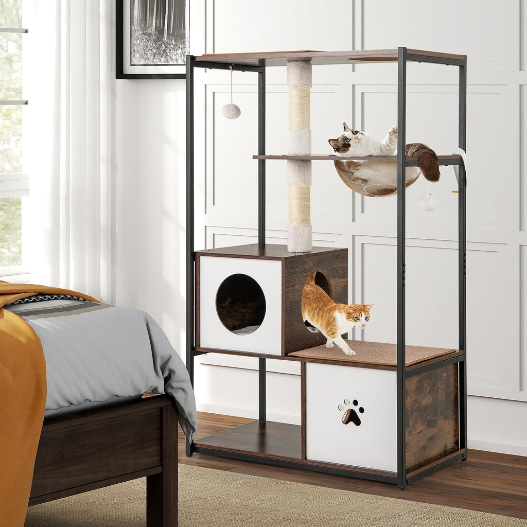 Modern Cat Tree, 52 Inch Multi-Level Cat Tower with Metal Frame, 2 Wooden Condos, Sisal Scratching Posts, Detachable