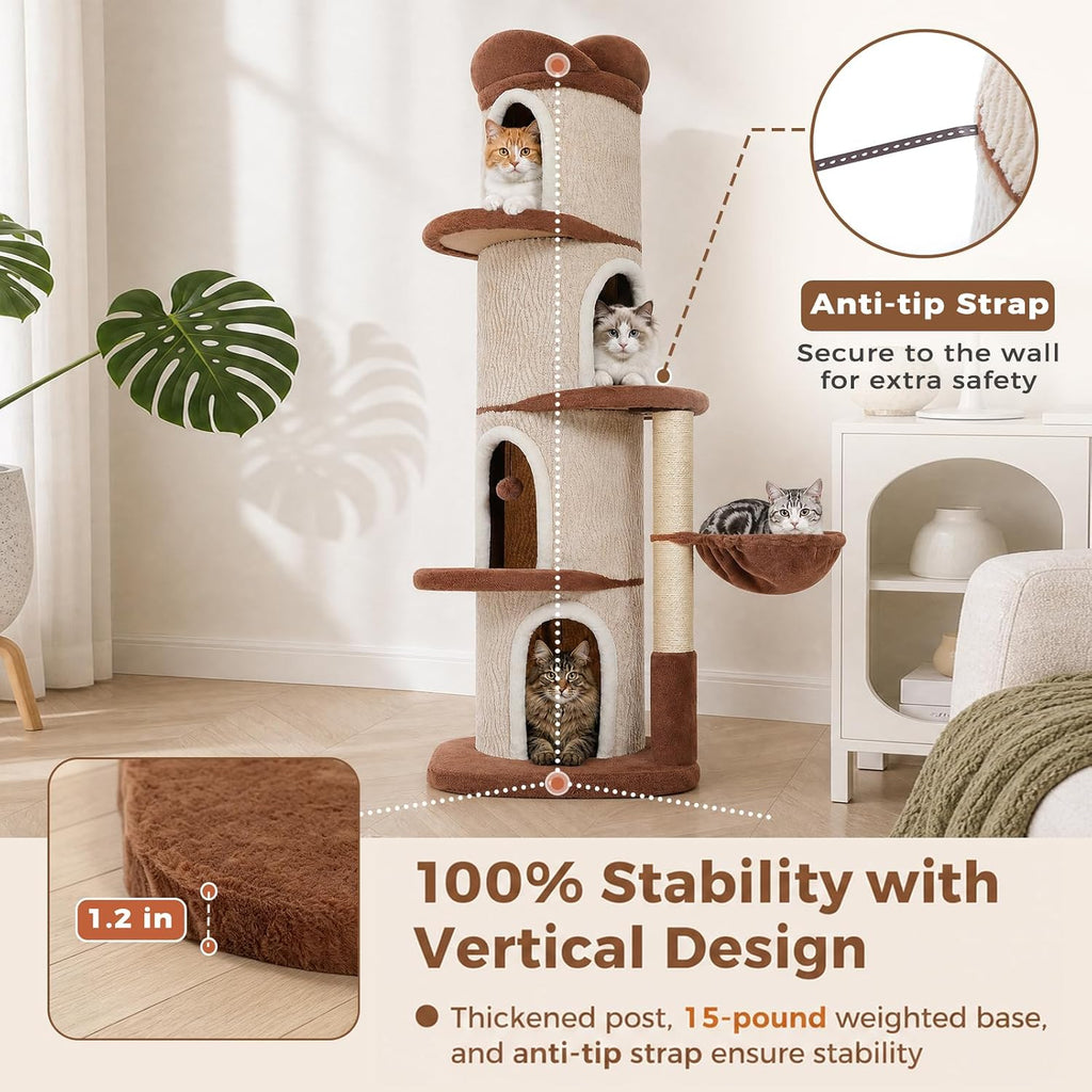 68.5" Modern Cat Tree Tower with 4 Condos & Soft Top Bed, Beige