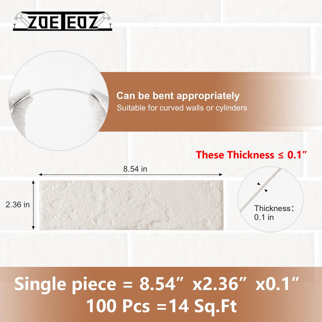 100 Pcs Faux Thin Brick 3D Wall Tiles Veneers, 14 Sq.ft, Realistic Brick Texture and Lightweight, Suitable for