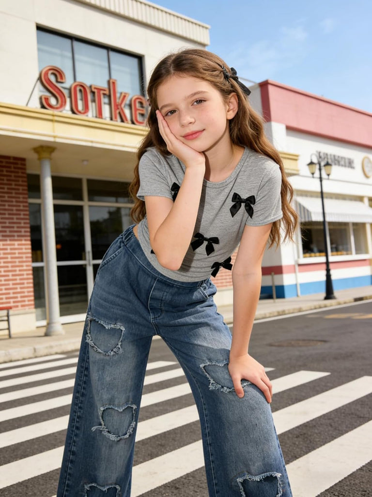 Girls 2 Piece Outfits Bow Short-Sleeved Top and Jeans Pants Clothing Set