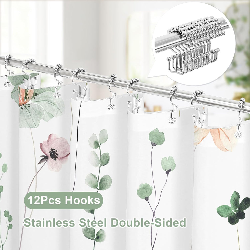 3 in 1 Shower Curtain Set, Sage Green Watercolor Floral Bath Curtain and PEVA Liner Set with 12 Double Sided Steel