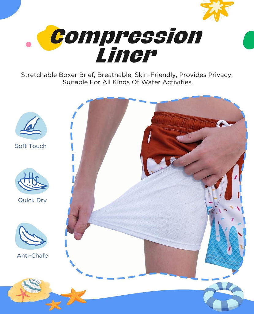 Boys Swim Trunks with Mesh Compression Liner for Kids