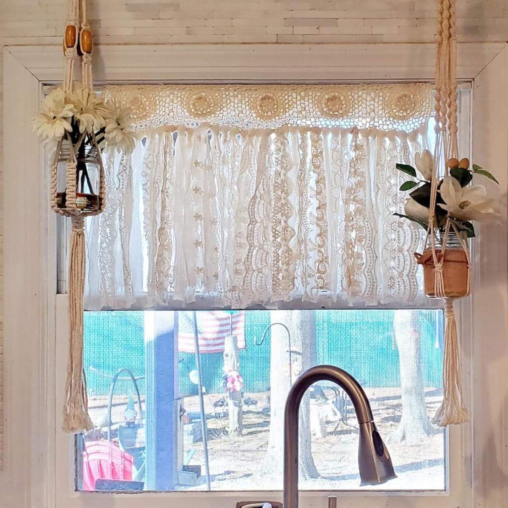 Boho Kitchen Curtains Short Shabby Chic Lace curtain Handmade Cotton Crochet Lace Kitchen Valance Country Cottage