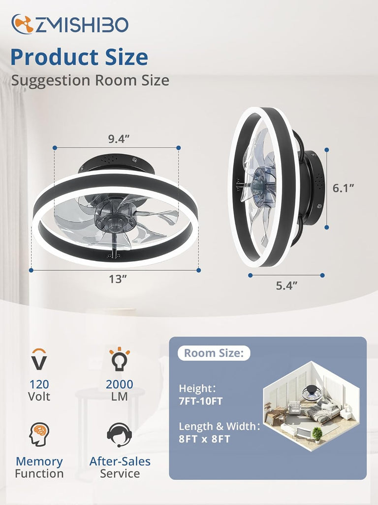 Low Profile Ceiling Fans with Lights and Remote, 13 Inch Fandelier Ceiling Fan with Light, Black Modern Flush Mount Ceiling Fan, Small Dimmable LED Fan Lights for Bedroom A101-B0D2KW3N48