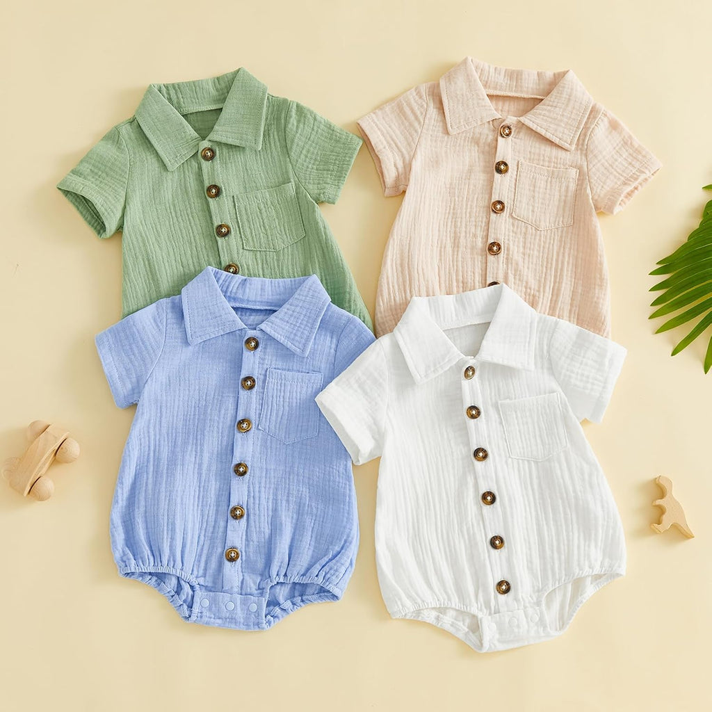 Summer Newborn Baby Boy Cotton Linen Romper Short Sleeve Button Down Jumpsuit Romper One Piece Outfit