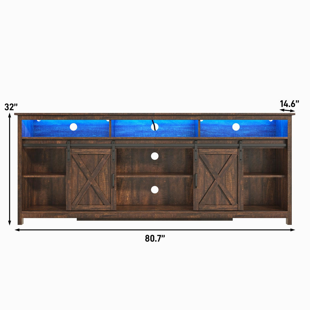 LED Farmhouse TV Stand for 90/85 inch TVs, Rustic Entertainment Center TV Cabinet Stands with Power Outlets, Brown