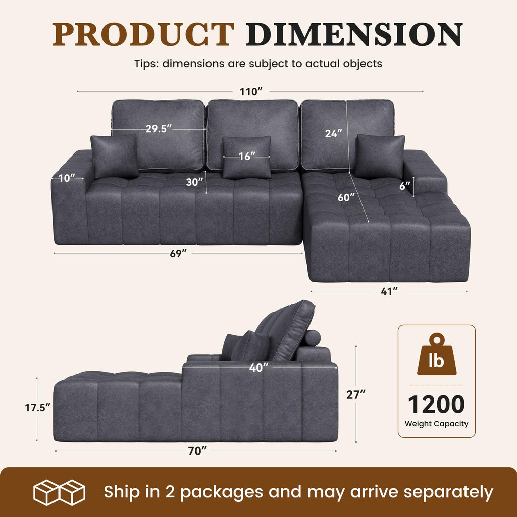 110'' Faux Leather Boneless Modular Sectional Couch, Black Right Facing