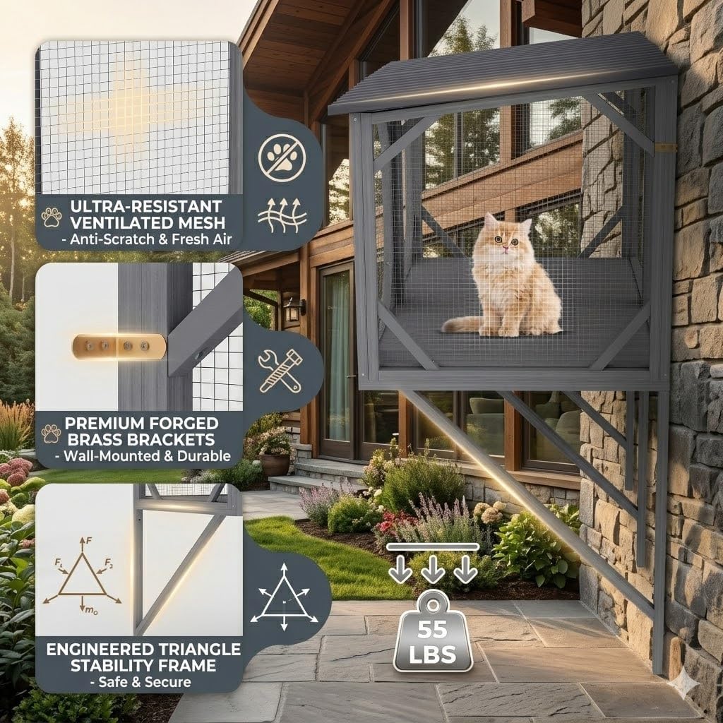 Cat Window Box, Outdoor Window Catio Enclosure for Indoor Cats, Weatherproof UV-Resistant Wooden Cat Window Perch