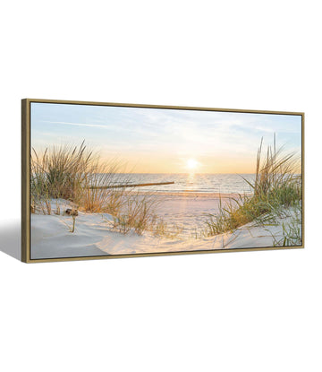 Canvas Framed Wall Art Beach: Ocean Coastal Large Picture Decor Seascape Sunset Scene Painting Sea Seaside Landscape