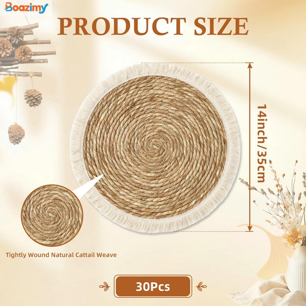 Inch Tassel Round Bulrush Placemats Bulk Set - Set of 30