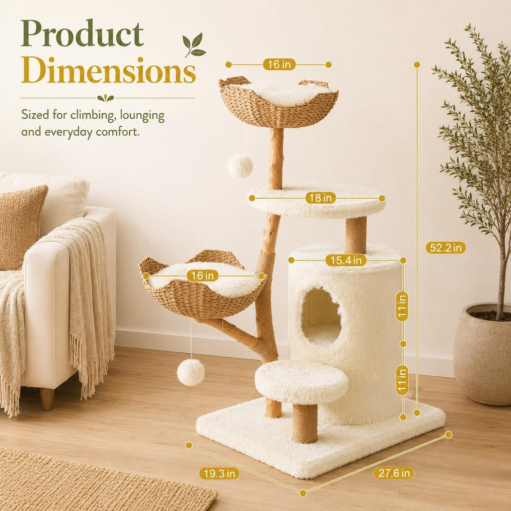 52.2" Real Wood Cat Tree with Basket Beds, White