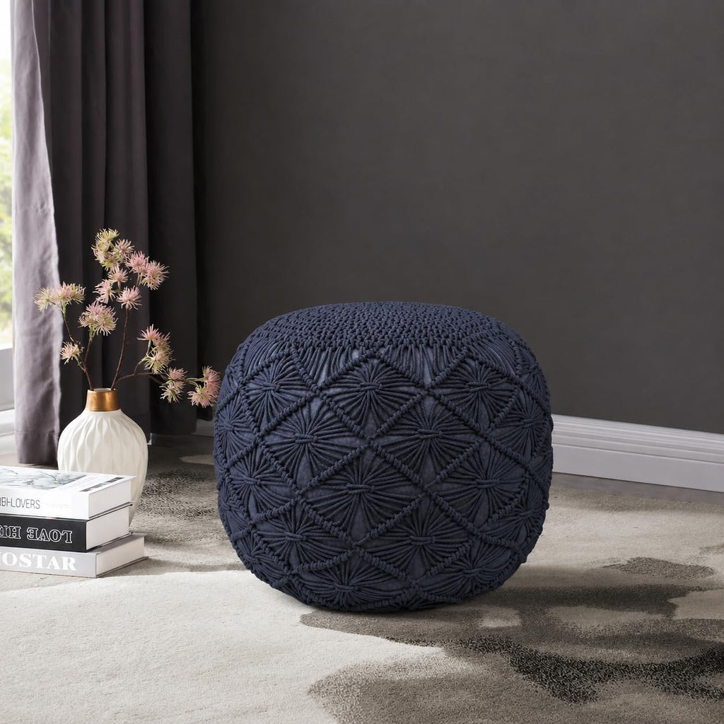 Macrame Pouf Ottoman 20x20x14 Blue Handwoven Dori Footrest Stool