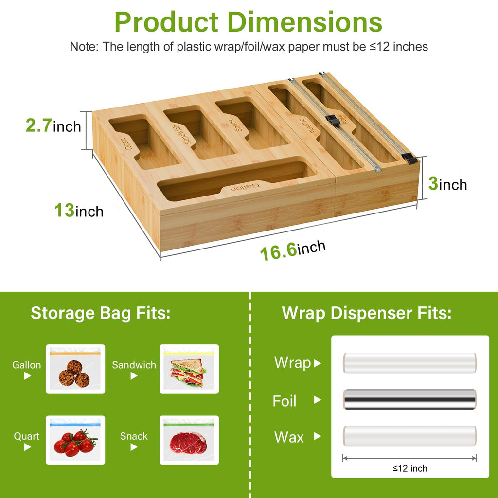 Bamboo Bag Storage Organizer - 2 Wrap Dispenser with Cutter & 4 Slots Food Storage Bags Container - Kitchen Drawer