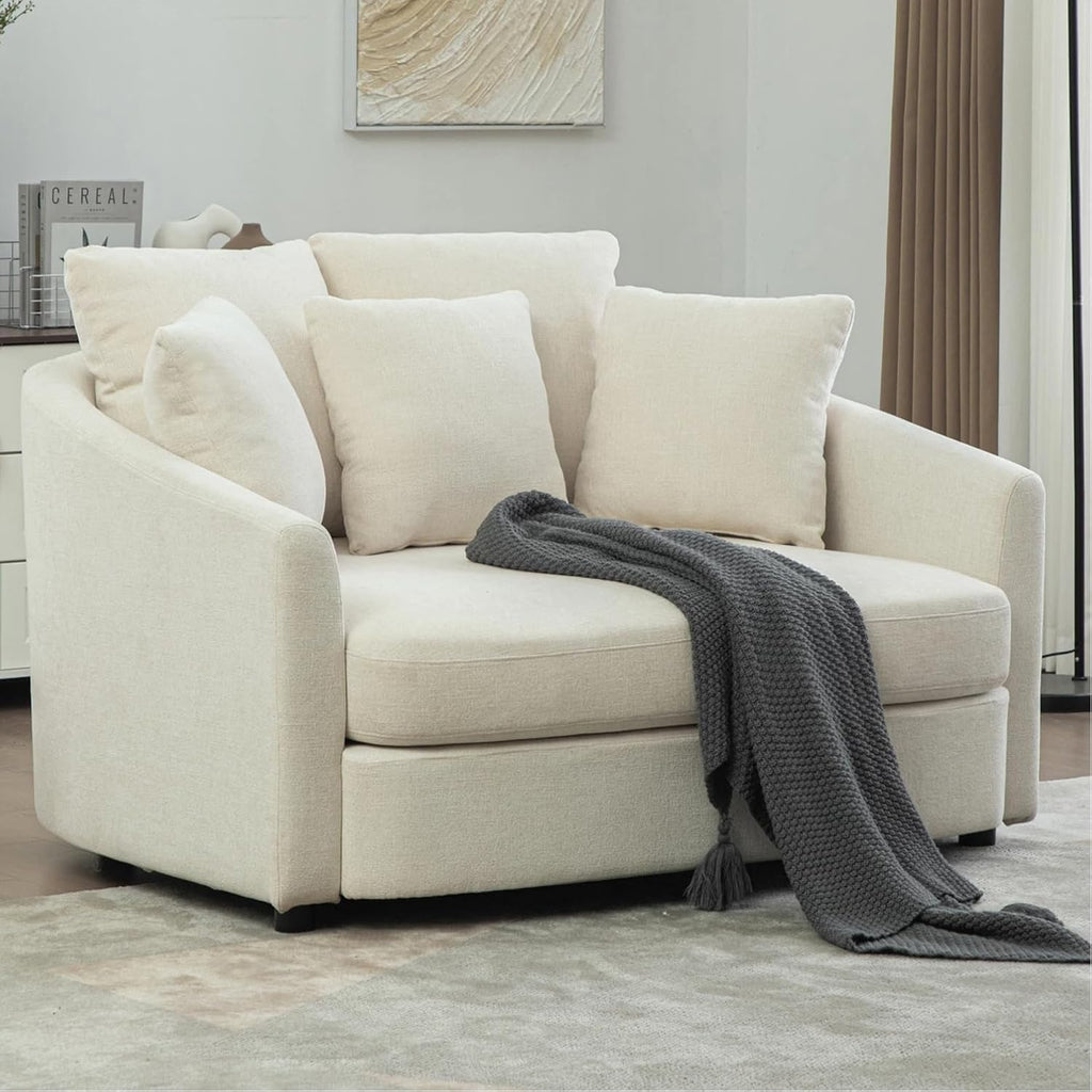 56" White Barrel Chaise Lounge Chair,Oversized Barrel Accent Chair with 2 Cushions and 3 Throw Pillows,Extra Deep