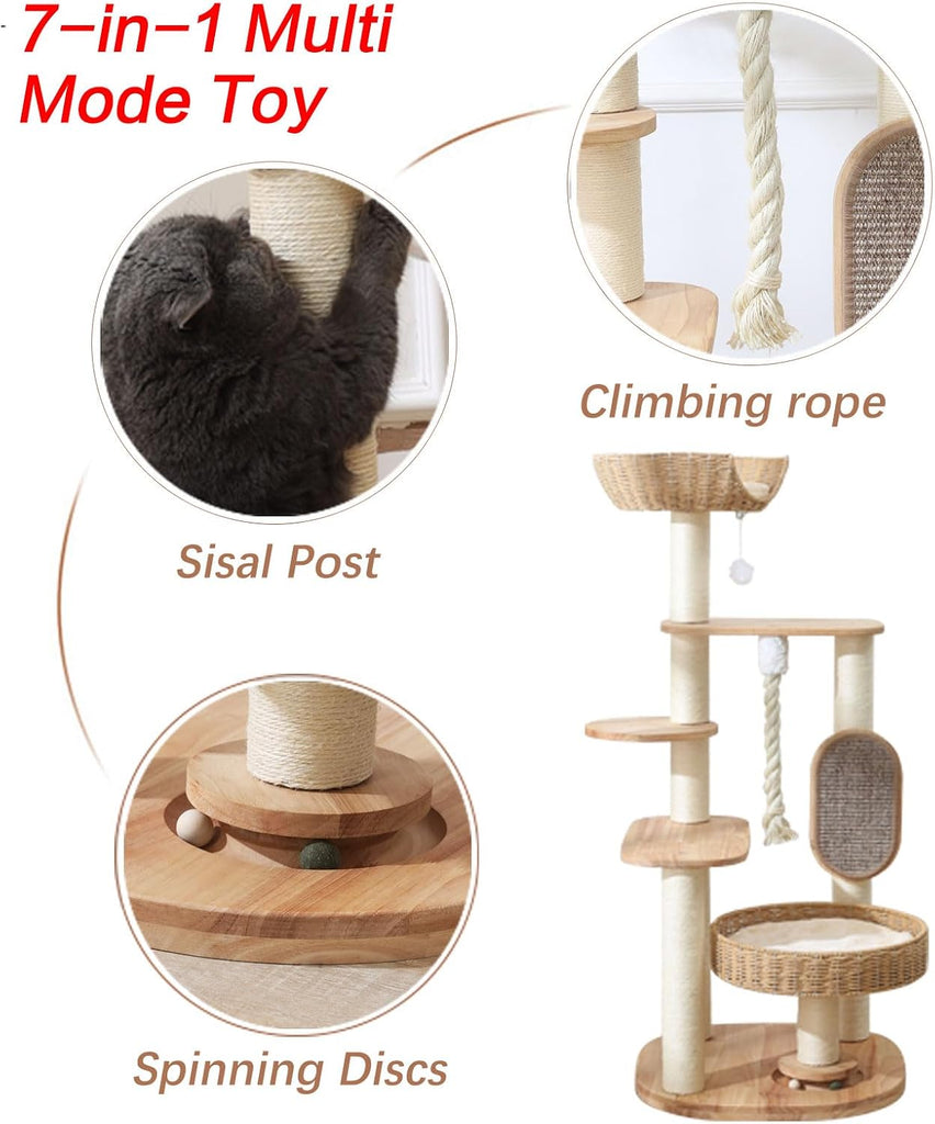 49.6in Solid Wood Cat Tree for Large Cat, Modern Tall Cat Tower