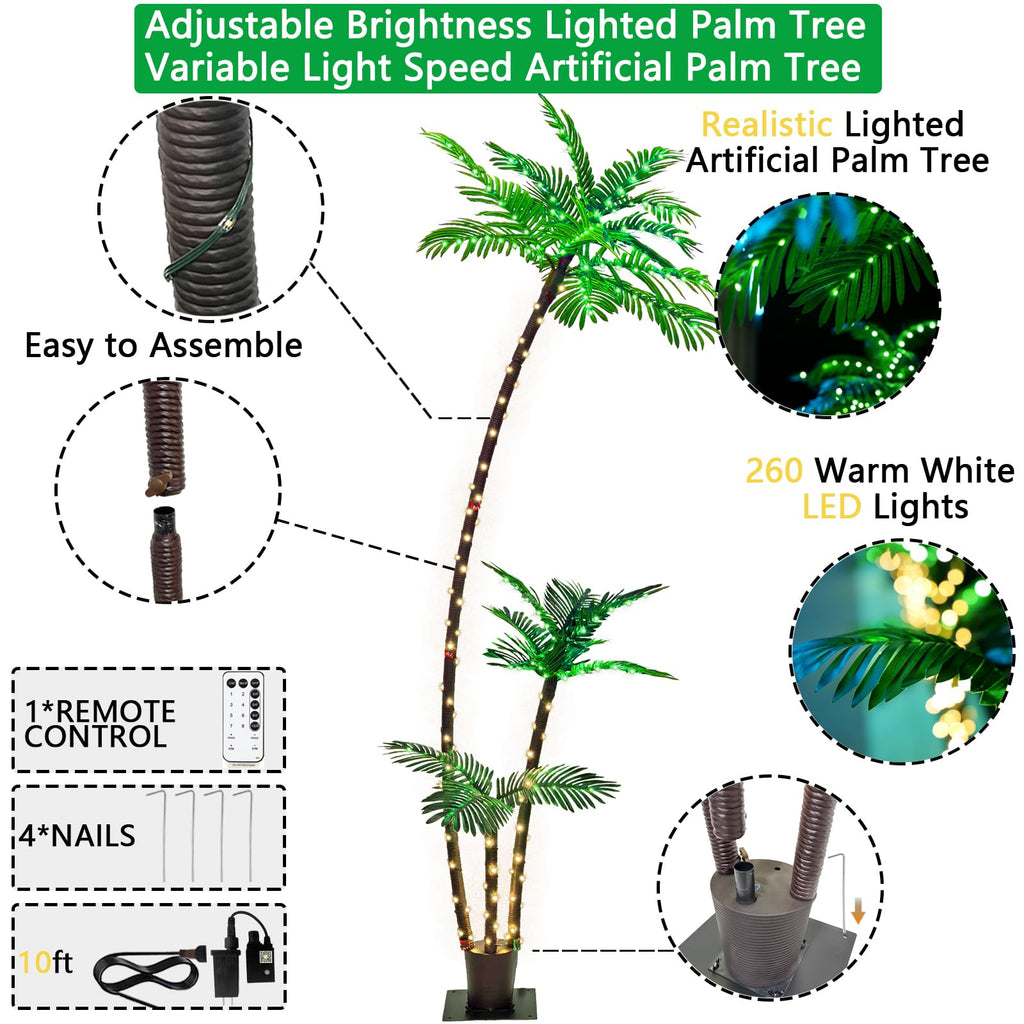 7FT Lighted Artificial Palm Tree with Three Trunks and Upgraded 260 LED Lights - Outdoor/Indoor Use, Perfect for Tiki