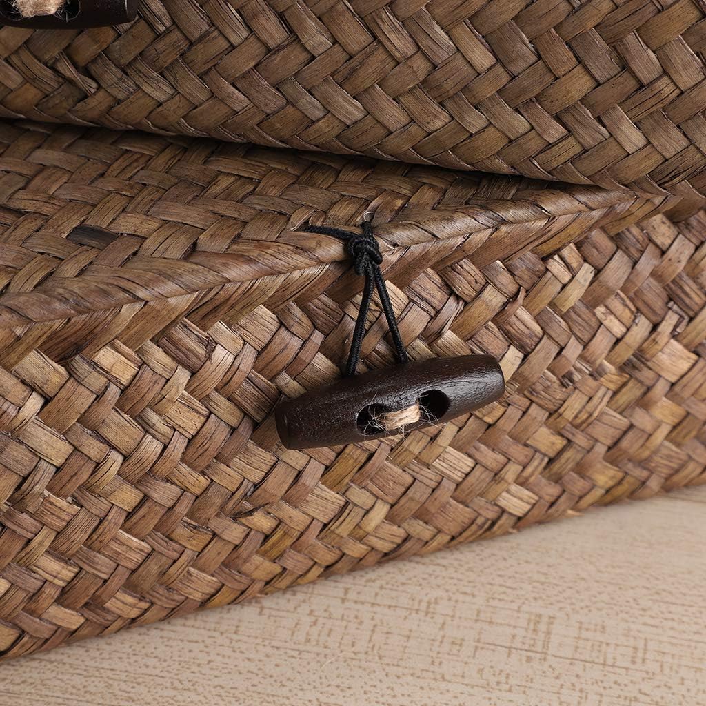 Set of 2 Flat Woven Wicker Storage Bins with Lid Seagrass Basket | Natural Decorative Baskets Multipurpose Home Boxes
