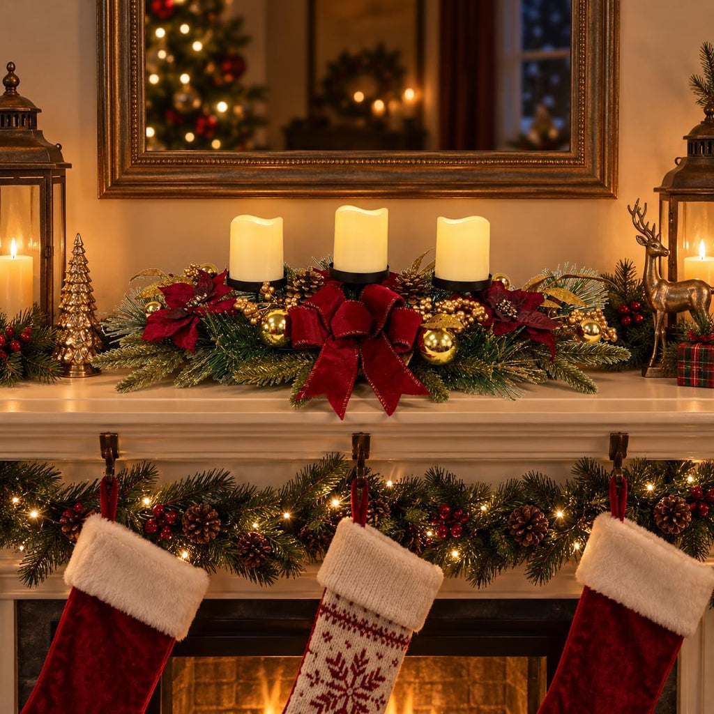 Christmas Candle Holder Centerpiece with Poinsettias and Berries