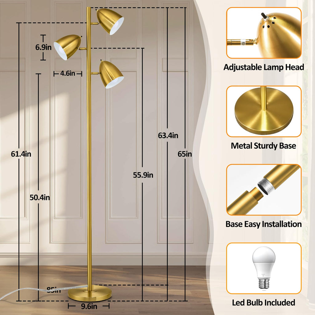 65-Inch Gold 3-Light Tree Floor Lamp with Adjustable Metal Heads