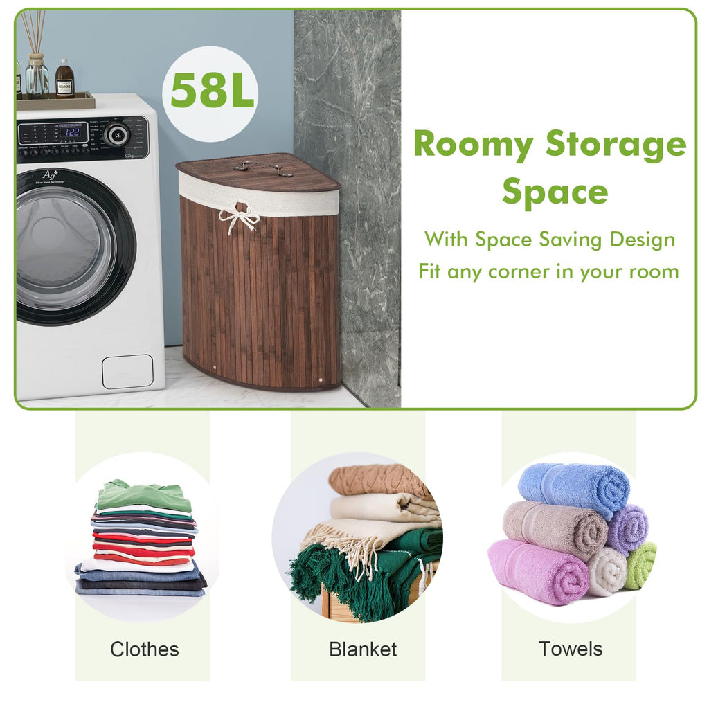 58 L Corner Laundry Hamper with Lid, Removable Liner & Handle Brown