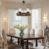 Rustic 6 Light Wagon Wheel Chandelier, Round Wood Pendant Light with Seeded Glass Shade, Farmhouse Chandeliers for Dining Room Kitchen Island Foyer Entryway A105-B0BMLBWN39