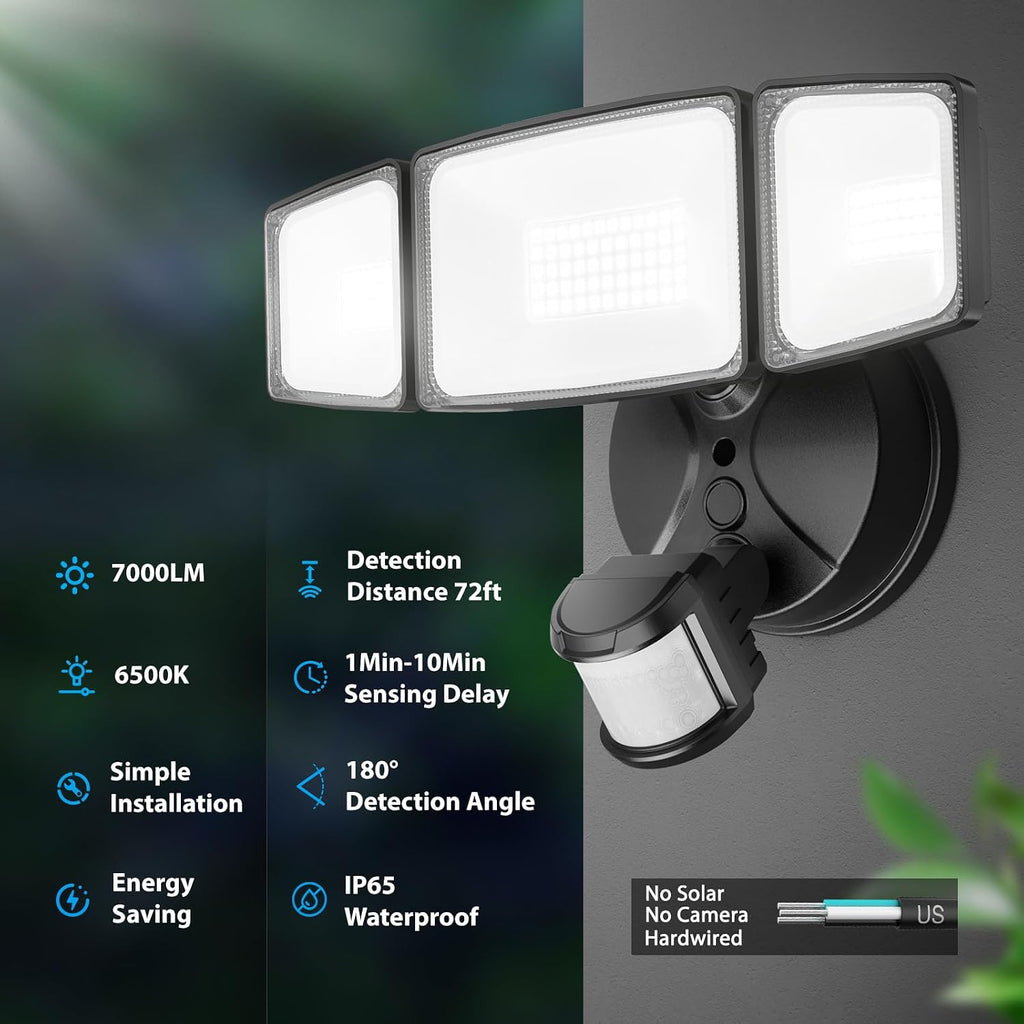 Motion Sensor Outdoor Lights, Hardwired Security Floodlights, Black | 7000LM 75W LED flood lights with movement