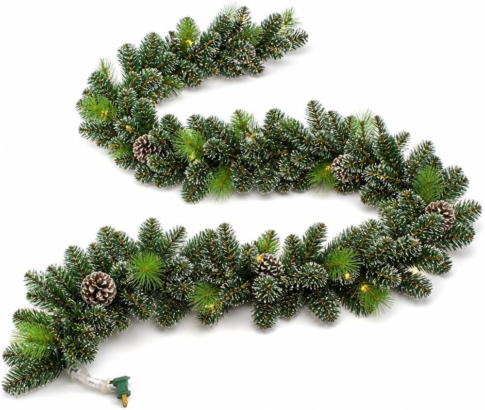 Pre-Lit Christmas Garland, Artificial Holiday Garland with 50 Plug-in Lights, Pine Cone Decorations for Fireplace