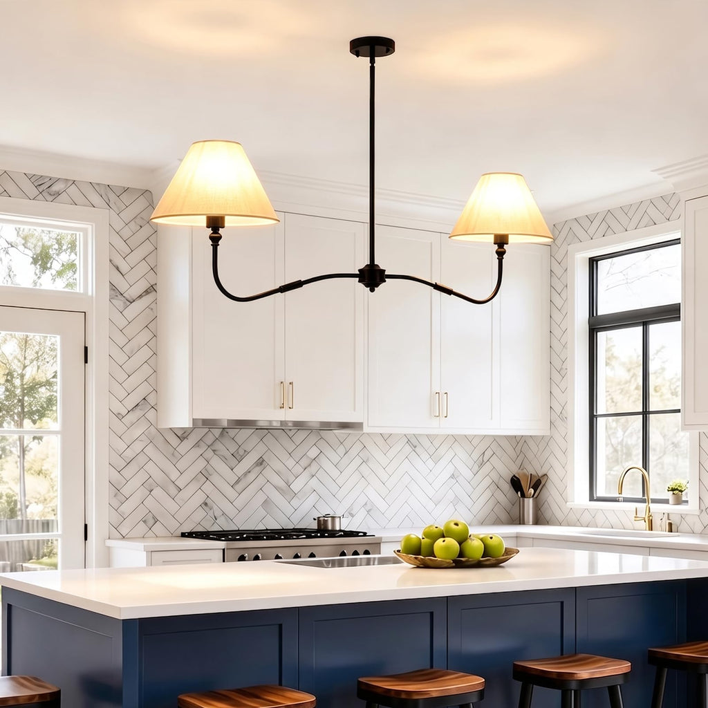 47" Modern Linear Chandelier Island, 2-Light Black Linear Dining Room Light Fixture with White Fabric Shade, Hanging