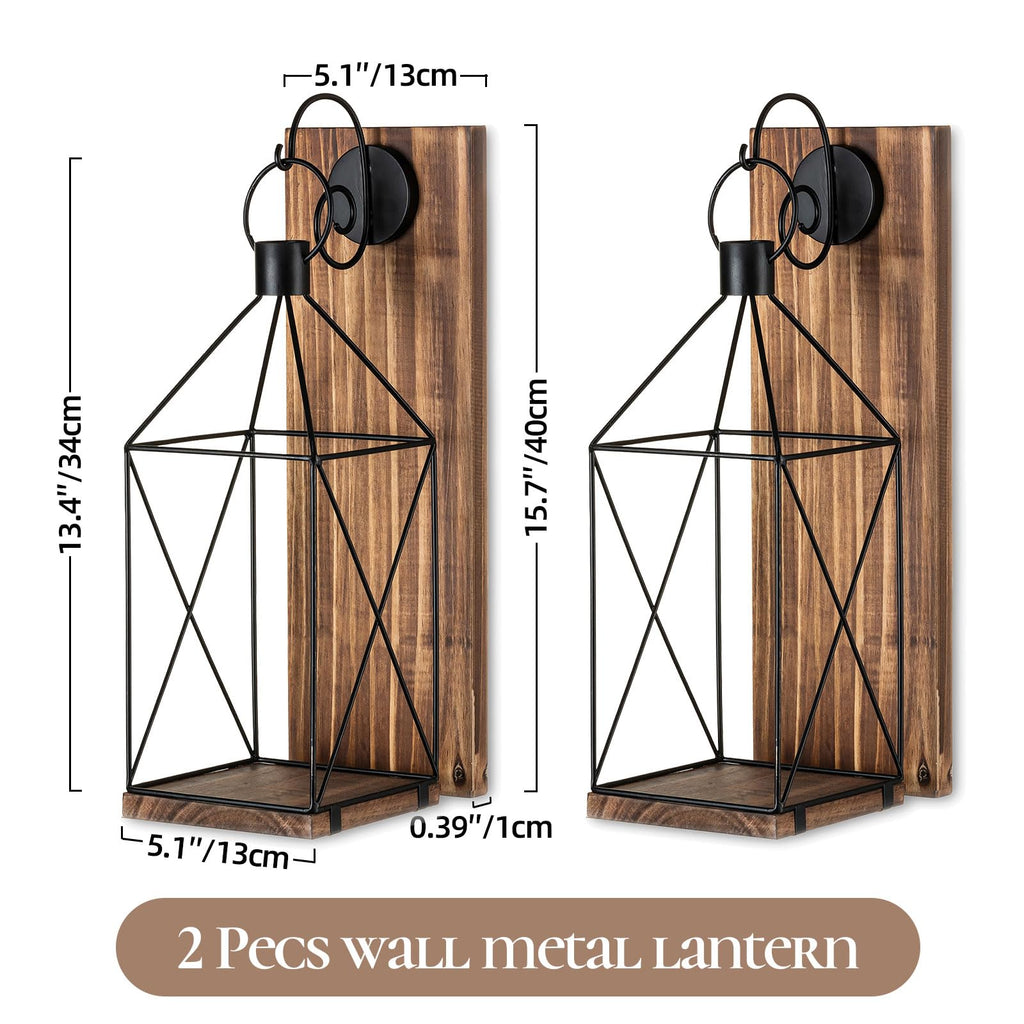 Wood Wall Candle Sconce with Black Lantern, Set of 2 Home Decor