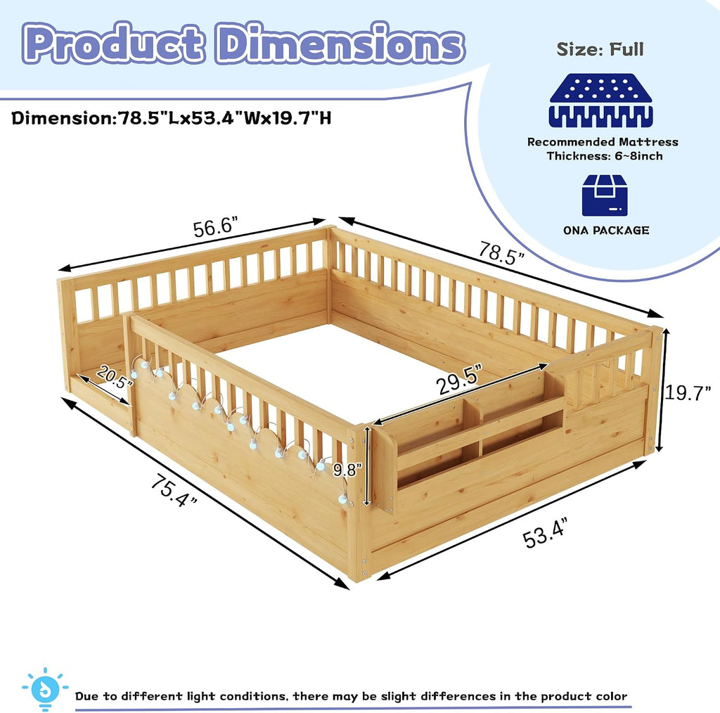 Floor Bed for Kids, Montessori Beds with High Fence Railings, Wood Playhouse Bed with Rails, Light &