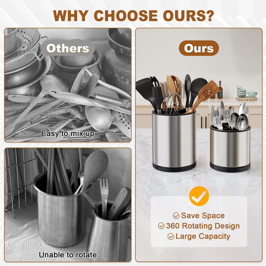 Extra Large Utensil Holder Counter,360°Rotating Stainless Steel