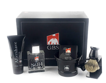 Men's Wet Grooming Shaving Set, Gift Boxed-Ceramic Black Shaving Mug with Knob Handle, Shaving Brush, Stand and