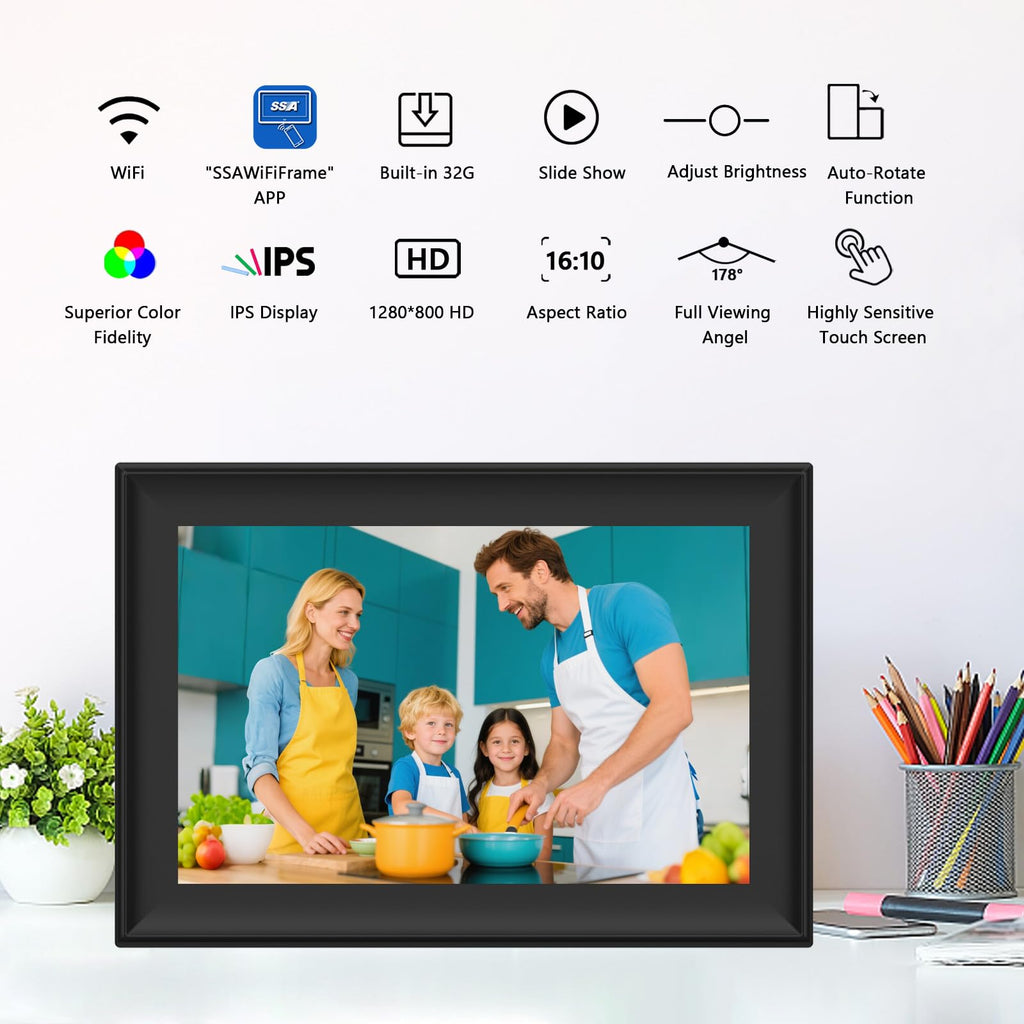 WiFiFRAME Digital Picture Frame 10.1 inch WiFi Smart Photo Frame, 1280 * 800 IPS Touchscreen Auto-Rotate, Built in